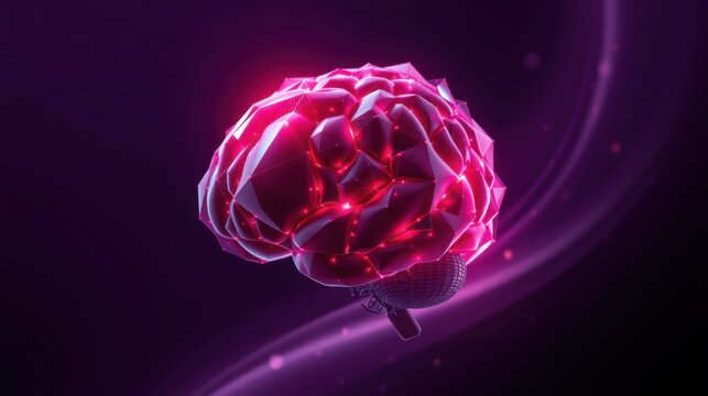 Bright pink brain illustration glows against dark purple background. Complex network visible, suggesting intelligence, technology, future concepts.