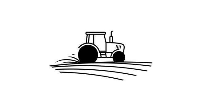 Tractor working on a farm field, agricultural machinery line art icon