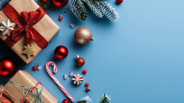 Festive Christmas Gifts with Decorations on a Blue Background for Holiday Celebrations and Seasonal Cheer