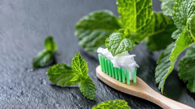Fresh Mint Leaves with Toothbrush and Toothpaste on Dark Background for Dental Care and Oral Hygiene Concepts