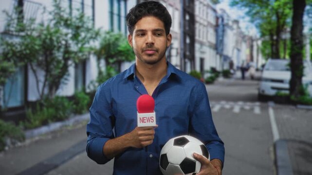 Young hispanic man holding a red microphone labeled news and a soccer ball on a tree lined city street, smiling while reporting near parked van and row buildings; confidence.