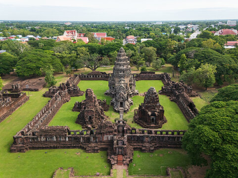 Drone shot the aerial view of Phimai Historical Park. the ancient stone temple Nakhon Ratchasima, Thailand