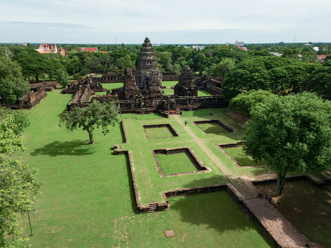 Drone shot the aerial view of Phimai Historical Park. the ancient stone temple Nakhon Ratchasima, Thailand