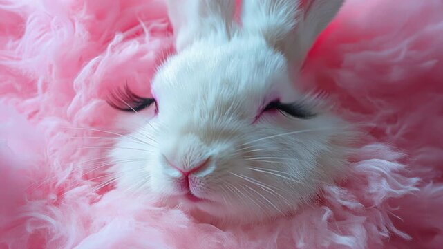 Cute white rabbit with long false eyelashes and makeup blinking on a fluffy pink fur background