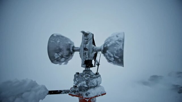 Extreme winter storm winds spinning anemometer recording weather conditions in a cold, snowy environment