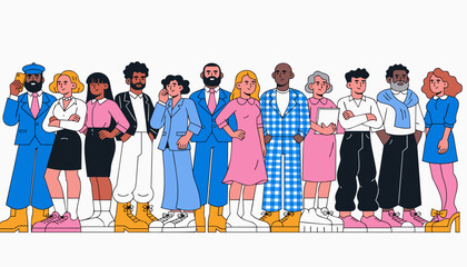Fototapeta premium A diverse group of twelve people standing side-by-side in a horizontal row. The art style is clean and minimalist, using bold outlines and a consistent color palette of vibrant blue, soft pink, black.