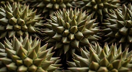 Fototapeta premium A mesmerizing close-up of numerous durian fruits, showcasing their intricate spiky texture and rich green-yellow hues in a tropical abundance