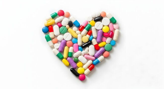 Colorful pills in heart shape.