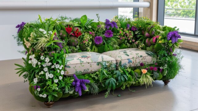 Unique Floral Sofa Design with Vibrant Greenery and Colorful Blooms in Modern Indoor Setting