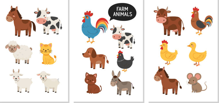 Large set of cute cartoon farm animals including cow horse sheep goat pig rooster hen duckling donkey dog cat and mouse vector illustrations isolated on white background.