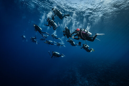 Divers plunge into the Indian Ocean in the Maldives