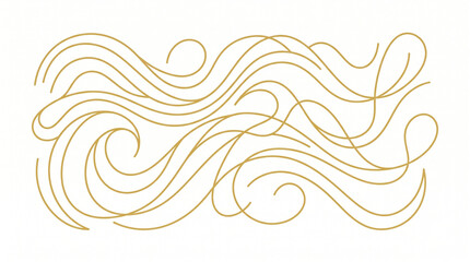 Fototapeta premium Elegant gold line art swirls, minimalist golden wave pattern on white background, luxury decorative filigree flourish for wedding invitations