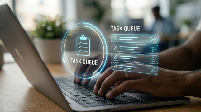 Agile scrum master person typing organizing laptop computer keyboard under glowing holographic task queue clipboard list interface in office environment for digital project workflow optimization 