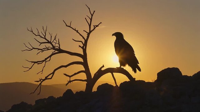 Majestic Eagle Silhouette Perched on Dead Tree at Sunset