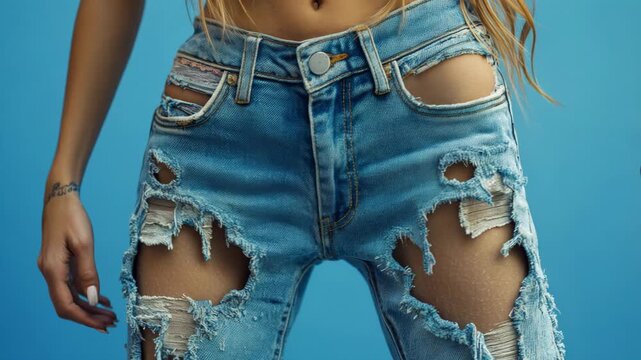 Young woman with a perfect body dancing in fashionable ripped denim jeans on a blue background