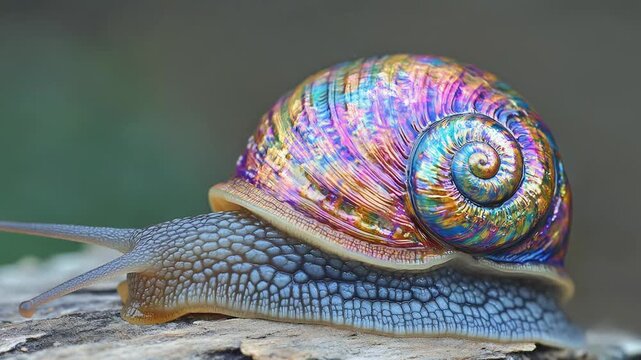Extreme close-up of a beautiful snail with a colorful iridescent shell crawling slowly on a branch