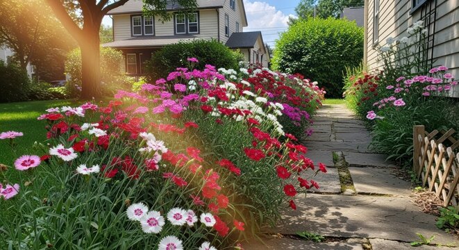 colorful flowers garden pathway suburban home