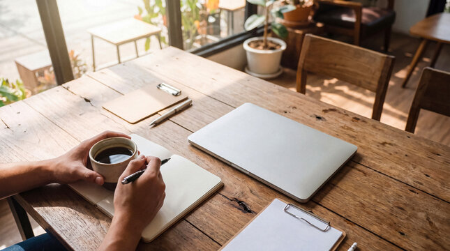 Person drinking coffee and writing in a notebook on a rustic wooden table with a laptop in a cafe setting.