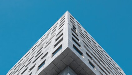 Obraz premium Modern skyscraper corner against a clear blue sky, geometric facade