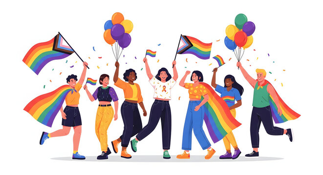 Illustration of a festive Pride Month 2026, diverse LGBTQ+ individuals celebrating together carrying colorful balloons, celebrating the community.