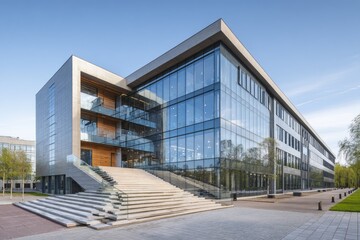 Obraz premium Modern glass and concrete office building with wide stone steps