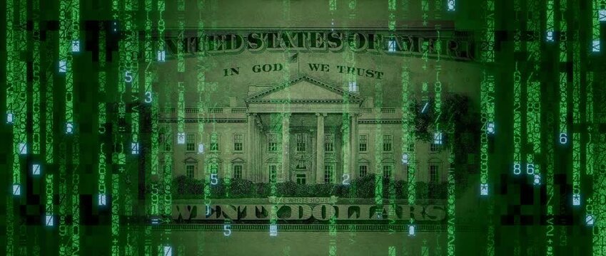 Electronic Cash Concept with Twenty Dollar Bill made up of Animated Numbers and Symbols. Blockchain Banking Wallpaper.