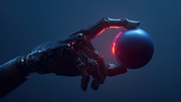 A mechanical hand delicately holds a glowing blue sphere against a dark background