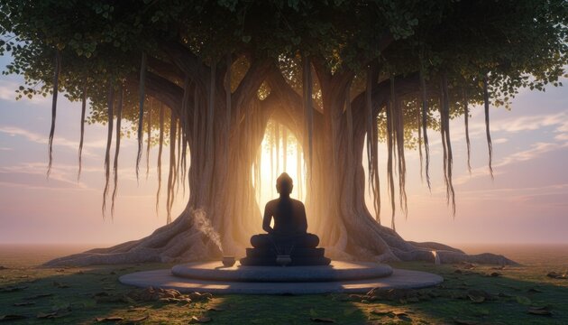 Meditating Buddha silhouette under a sacred Bodhi tree, spiritual enlightenment under a banyan tree at sunset, zen meditation and mindfulness concept