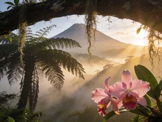 Naklejka premium Mystical Cloud Forest Canopy with Epiphytes and Mist
