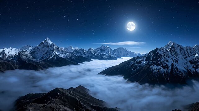 mountains at night moonlit sky over sea of clouds above snowy peaks