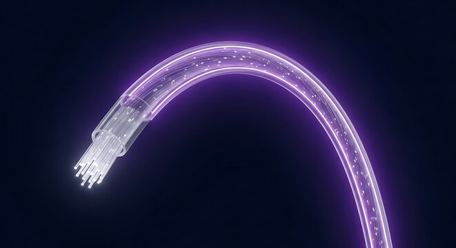 A single optical fiber cable glowing with purple light, bent into a curved shape, technology