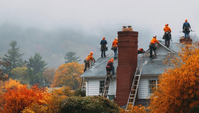 A team of construction workers diligently repairs a residential roof on a crisp autumn day, surrounded by vibrant fall foliage.