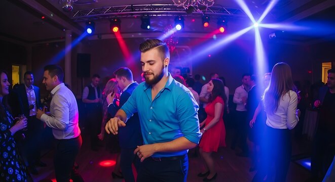 A group of people are dancing at a party with blue and red lights and a man in a blue shirt dancing