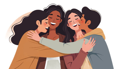 Obraz premium Diverse women hugging, friendship illustration, group of friends, unity and love concept, vector graphics
