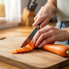 Obraz premium Woman cutting carrots on wooden board