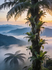 Naklejka premium Mystical Cloud Forest Canopy with Epiphytes and Mist