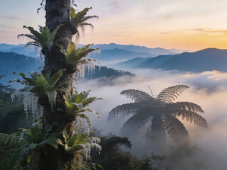 Naklejka premium Mystical Cloud Forest Canopy with Epiphytes and Mist