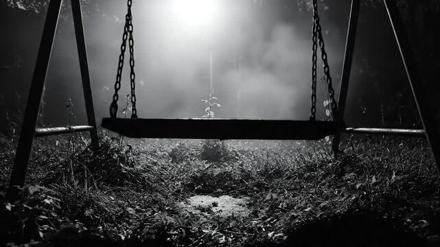 Spooky black and white swing set in eerie forest with fog and bright light, haunting scene