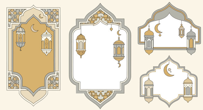Islamic Decorative Frames Set with Lanterns and Crescent Moon for Ramadan Kareem