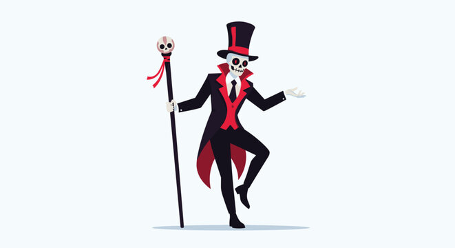 Spooky skeleton character dressed in a tuxedo and top hat holding a voodoo staff with a skull on a plain background.