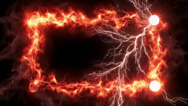 Fiery electric frame with lightning bolt on black background