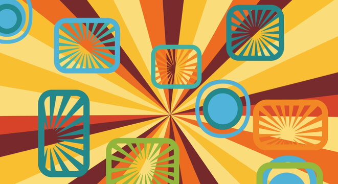 Retro 70s Abstract Sunburst Background with Geometric Shapes