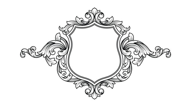 Ornate vintage frame design with a shield center and decorative scrolls in a black and white engraving style illustration.