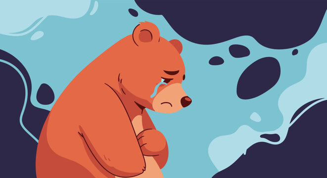 Sad little brown bear character crying with blue tears against a gloomy background of dark clouds and abstract shapes.