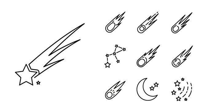 Comet and star symbols in space.