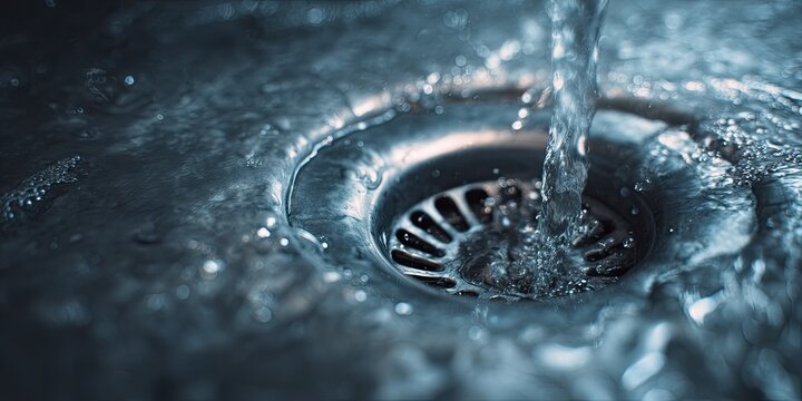 Close-up of water flowing into a drain, creating ripples and splashes