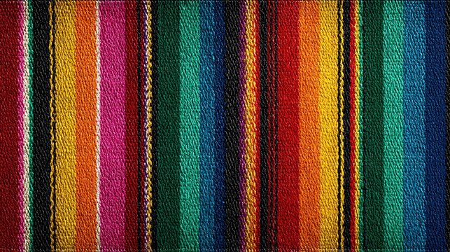 Colorful woven textile with vibrant stripes in various shades and patterns