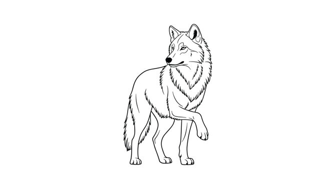 Elegant line art drawing of a wild wolf standing and looking back, perfect for nature enthusiasts or children's coloring book pages.