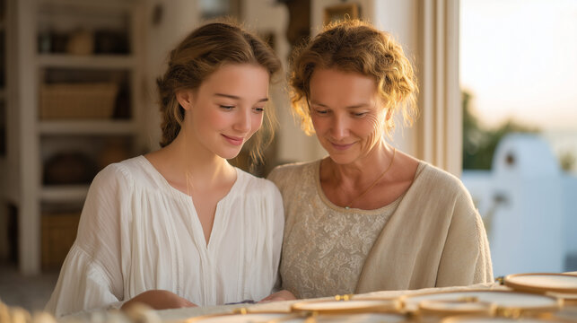 Mother and adult daughter seated across a craft table covered in embroidery hoops and thread, daughter demonstrating stitch technique, natural window light, learn new skill together, multigeneration