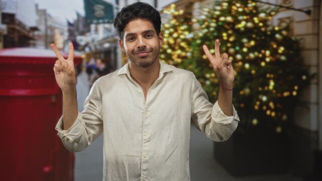 Young hispanic man showing peace sign with both hands beside a decorated christmas tree and red postbox on a busy street; playful shrug.